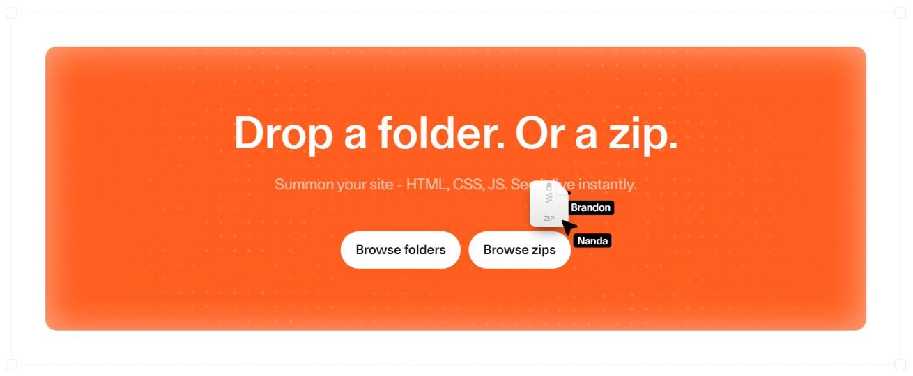 Page de Cloudflare Drop : une zone orange titrée « Drop a folder. Or a zip. », avec les boutons Browse folders et Browse zips.