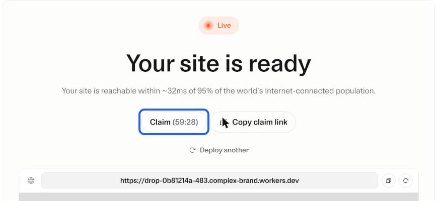 Écran « Your site is ready » de Cloudflare Drop : bouton Claim encadré avec son compte à rebours, bouton Copy claim link et adresse temporaire en workers.dev.